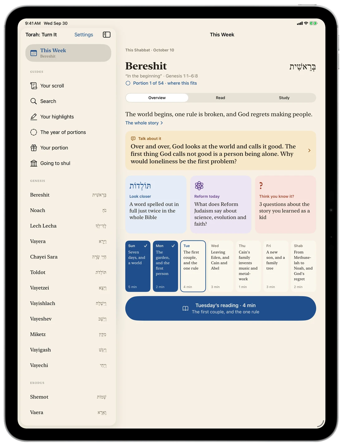 This Week on iPad: the story in one line, the tiles, and the week's seven readings laid out as cards