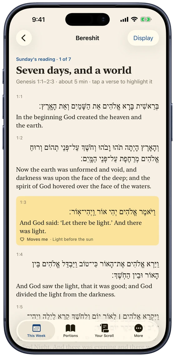 Sunday's reading of Bereshit, Hebrew and English verse by verse, with one verse highlighted