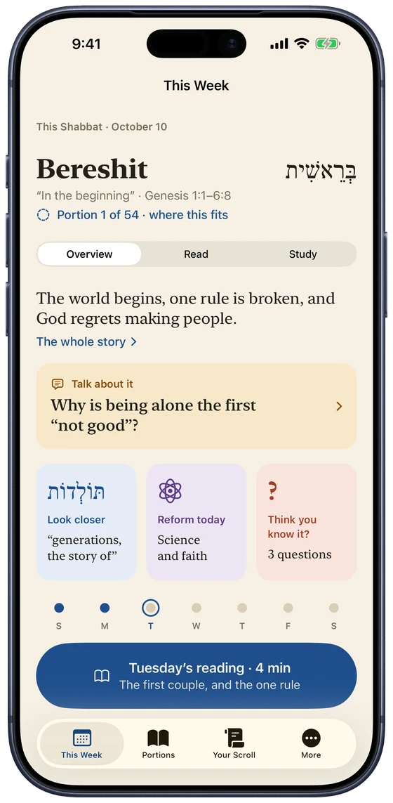 This Week in the app: the portion's story in one line, a question to talk about, and the week's readings